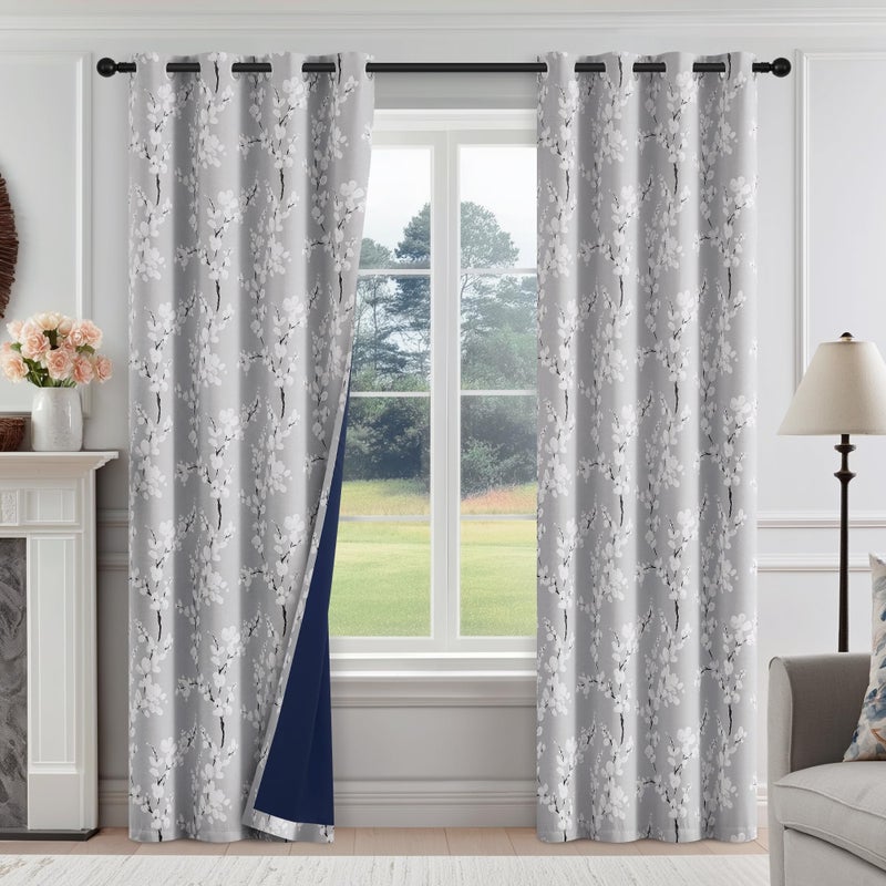 FMFUNCTEX 100% Blackout Floral Curtains for Bedroom, Grey Curtains 84 inches Long Blossom Flower Patterned for Living Room,Thermal Insulated Farmhouse Drapes, Grommet Top 2 Panels (White on Grey) - Image 1