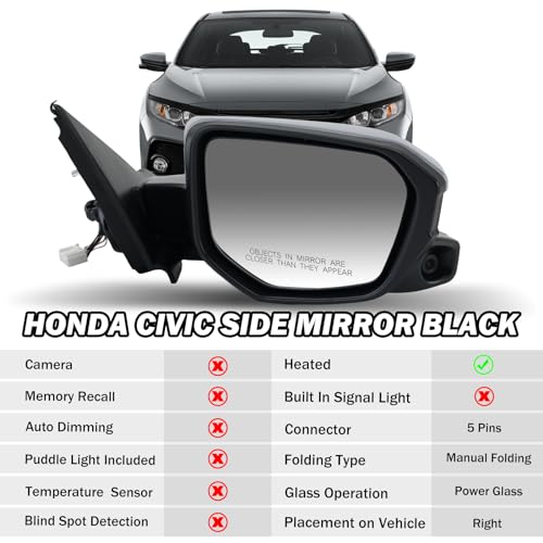 MOFOAP Passenger Side Mirror Compatible with 2016 2017 2018 2019 2020 2021 Civic Mirror with View Camera Power Heated (Paintable) - Image 2