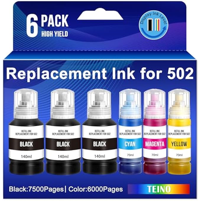 بديل لزجاجات حبر إبسون 502 لإعادة التعبئة لطابعات إيكوتانك ET-3760 ET-2850 ET-3850 ET-4850 ET-4760 ET-15000 ET-2750 ET-2760 ET-3830 ET-3843 (بديل لحبر 502 3BK C M Y) - Image 1