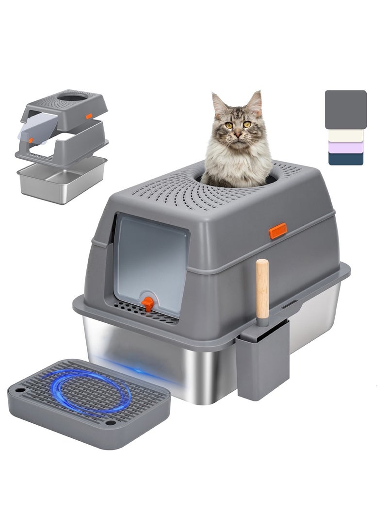 Kidle Large Stainless Steel Cat Litter Box Cat Litter Box with Lid Extra Large Litter Box for Big Cats Metal Litter Tray Enclosed Sides Stainless Steel Litter Box  - Image 1