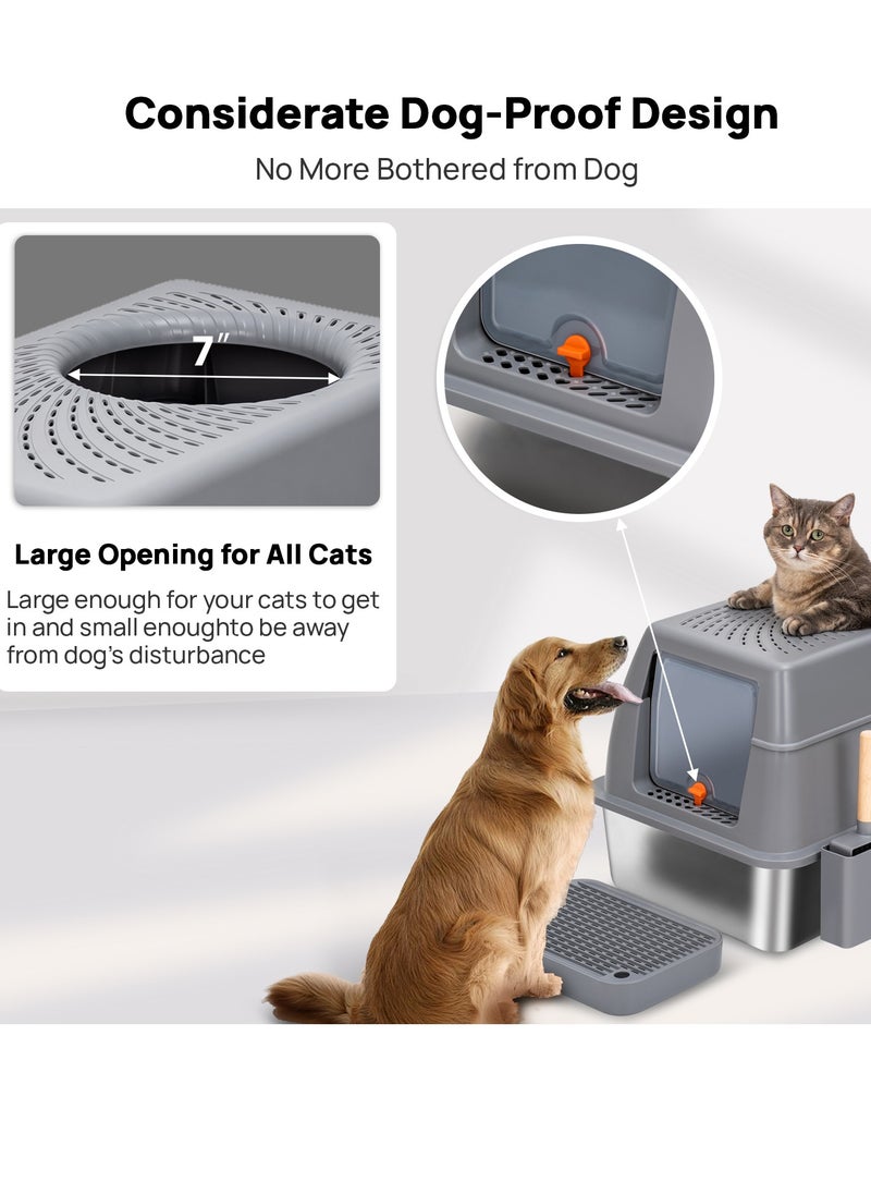Kidle - Large Stainless Steel Cat Litter Box Cat Litter Box with Lid Extra Large Litter Box for Big Cats Metal Litter Tray Enclosed Sides Stainless Steel Litter Box - Image 1
