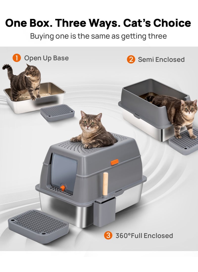 Kidle - Large Stainless Steel Cat Litter Box Cat Litter Box with Lid Extra Large Litter Box for Big Cats Metal Litter Tray Enclosed Sides Stainless Steel Litter Box - Image 1