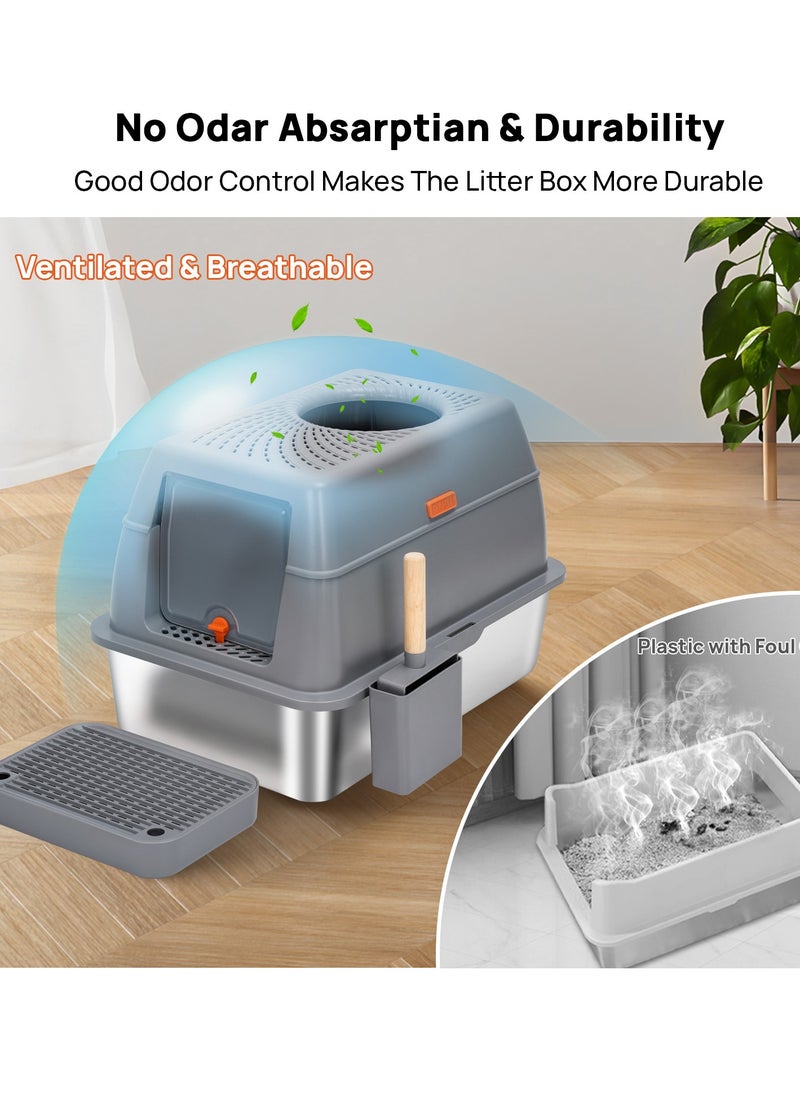 Kidle - Large Stainless Steel Cat Litter Box Cat Litter Box with Lid Extra Large Litter Box for Big Cats Metal Litter Tray Enclosed Sides Stainless Steel Litter Box - Image 1
