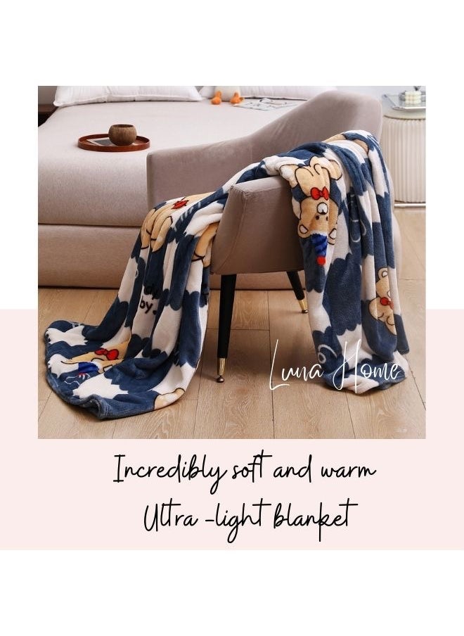 LUNA Home - Fleece blanket 200*230cm, super soft checkered blanket with a bear, gray. - Image 1