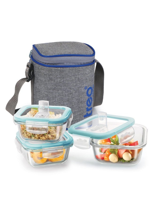 TREO تريو من ميلتون مجموعة صناديق غداء زجاجية مربعة طازجة من 3 قطع، شفافة، 320 مل لكل منها، مع حقيبة غداء، آمنة للاستخدام في الميكروويف وغسالة الصحون، حاويات مانعة للتسرب، زجاج بوروسيليكات، تيفين مكتبي، رمادي - Image 1
