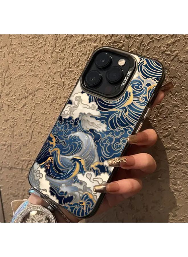 Electroplated Silver Mixed Color 1 Hard Shockproof Phone Case With Japanese Wave Design For iPhone 16 - Image 3