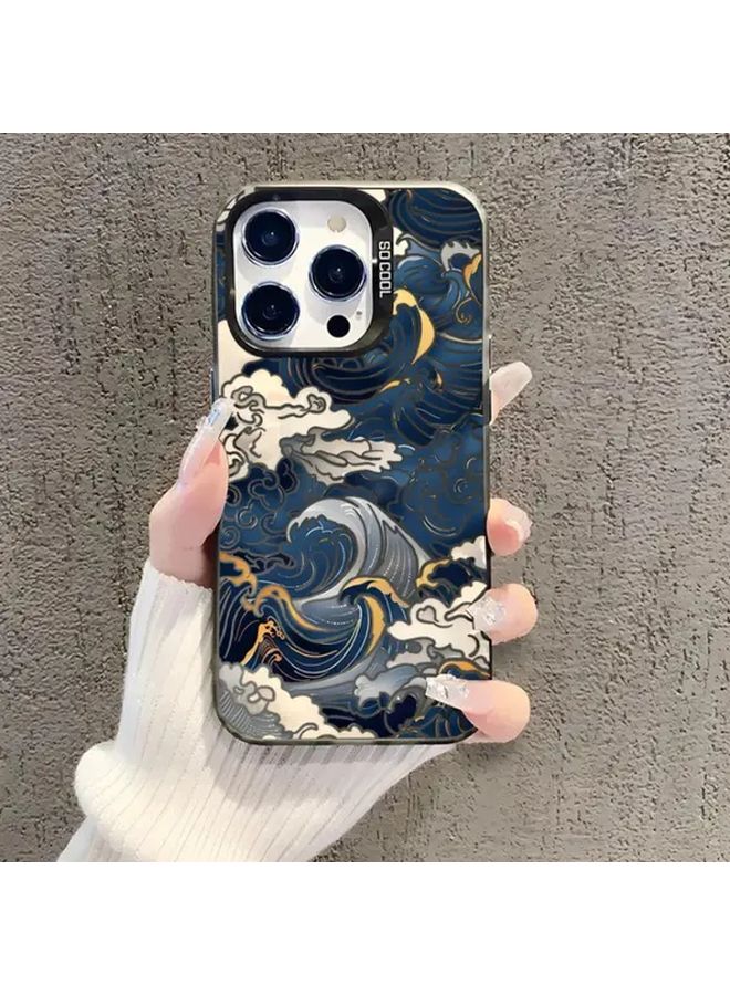 Electroplated Silver Mixed Color 1 Hard Shockproof Phone Case With Japanese Wave Design For iPhone 16 - Image 4