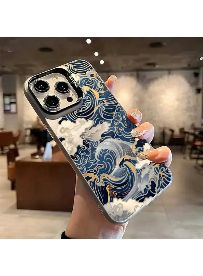 Electroplated Silver Mixed Color 1 Hard Shockproof Phone Case With Japanese Wave Design For iPhone 16 - Image 2