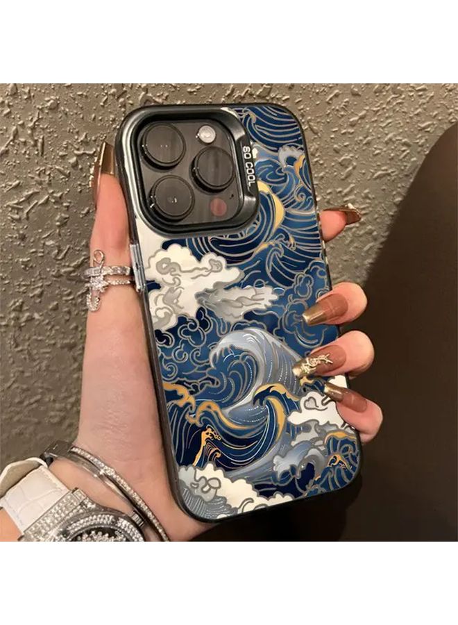 Electroplated Silver Mixed Color 1 Hard Shockproof Phone Case With Japanese Wave Design For iPhone 16 - Image 5