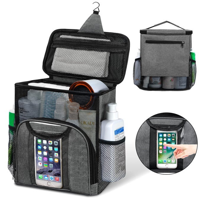 PORTABLE SHOWER CADDY COLLEGE TOTE BAG QUICK DRY HANGING TOILETRY BAG LARGE CAPACITY MESH SHOWER CADDY PORTABLE FOR COLLEGE DORM ROOM ESSENTIALS FOR BOYS AND GIRLS FOR BATH CAMPING GRAY