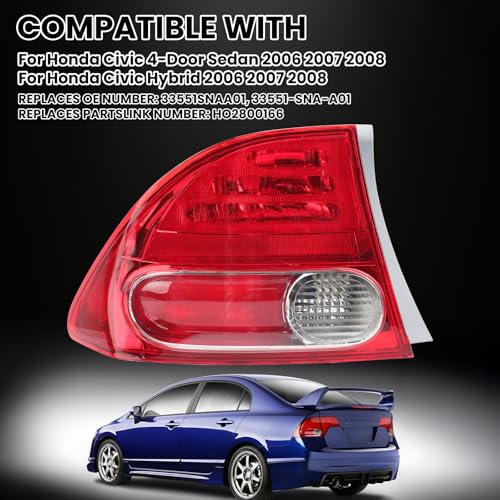 Clidr Tail Light Lens for 2006 2007 2008 Honda Civic 4-Door Sedan/Hybrid Driver Side HO2800166 33551SNAA01 (Left) - Image 2