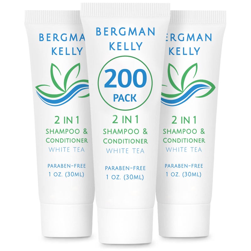 Bergman Kelly - Travel Size 2 in 1 Shampoo & Conditioner - 1 fl oz, 200 PK, White Tea - Delight Your Guests w/Revitalizing & Refreshing Shampoo Amenities, Quality Small Size Hotel Toiletries in Bulk