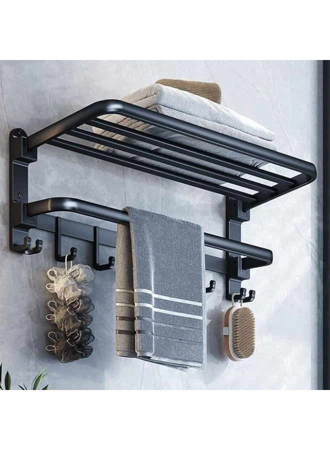 منشر فوط معدني مزدوج أسود مع رف وخطافات، منشر مناشف حائط للحمام مقاوم للصدأ، تصميم عصري بزوايا مستديرة، مقاس 39.5 × 20.3 سم، منظم حمام عملي - Image 1