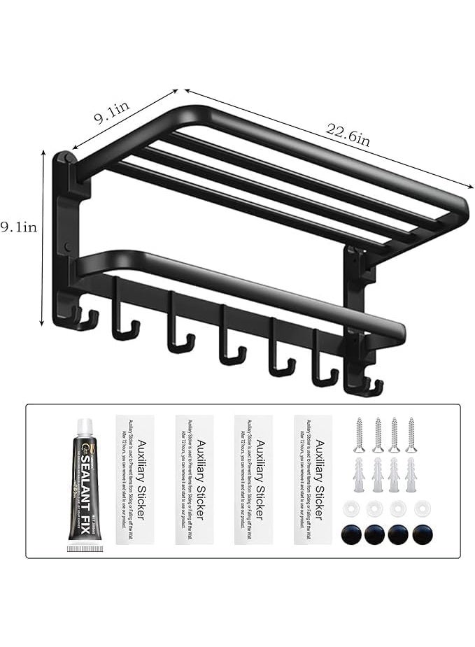 منشر فوط معدني مزدوج أسود مع رف وخطافات، منشر مناشف حائط للحمام مقاوم للصدأ، تصميم عصري بزوايا مستديرة، مقاس 39.5 × 20.3 سم، منظم حمام عملي - Image 2
