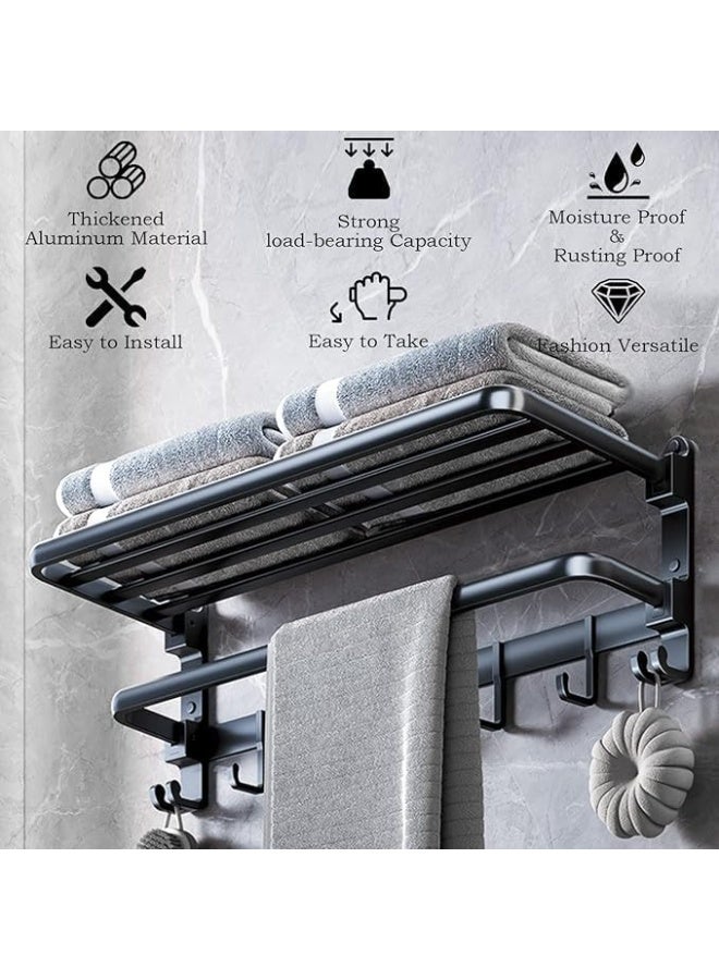 منشر فوط معدني مزدوج أسود مع رف وخطافات، منشر مناشف حائط للحمام مقاوم للصدأ، تصميم عصري بزوايا مستديرة، مقاس 39.5 × 20.3 سم، منظم حمام عملي - Image 4