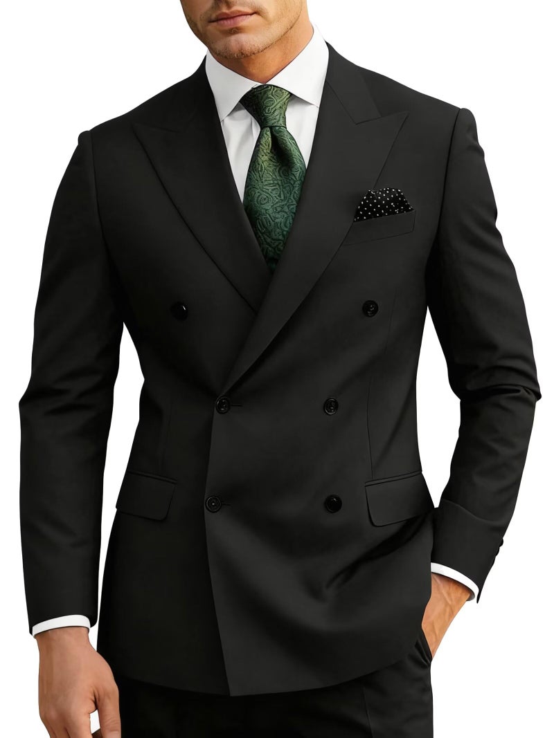 Wangyue Black Suit for Men 2 Piece Slim Fit Double Breasted Wedding Suit Men Black Double Breasted Blazer Pants Prom Formal Business Groom Dinner Party Tuxedo XS - Image 1