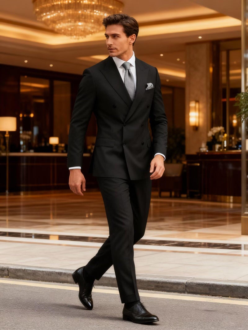 Wangyue Black Suit for Men 2 Piece Slim Fit Double Breasted Wedding Suit Men Black Double Breasted Blazer Pants Prom Formal Business Groom Dinner Party Tuxedo XS - Image 3