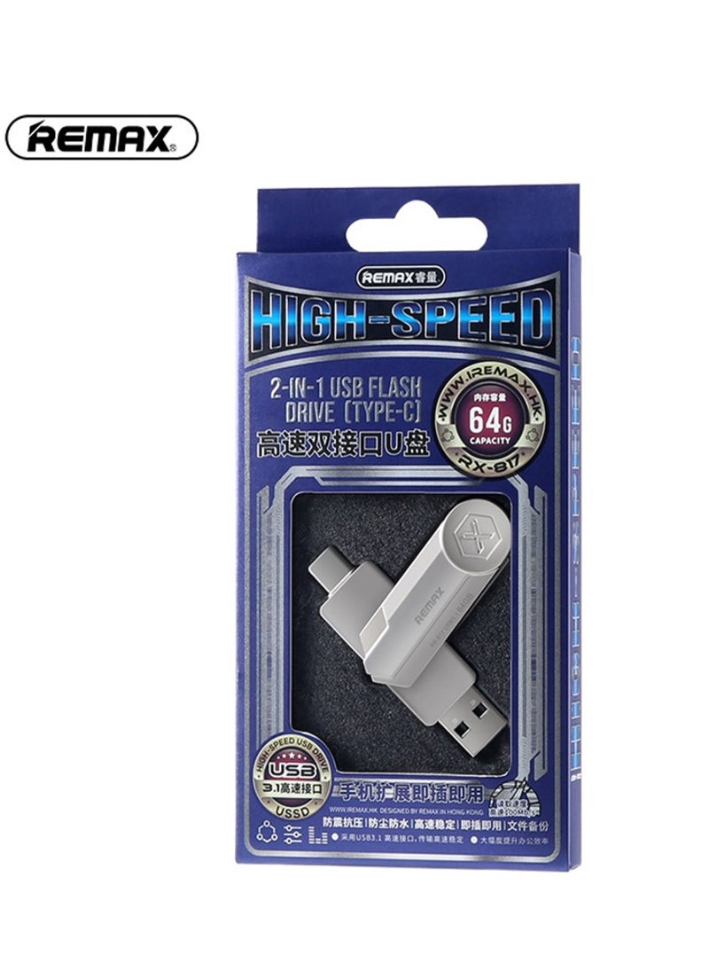 REMAX - RX-817 USB Flash drive, 64GB, 2 in 1, USB A and Type C connectors, USB 3.1, USB C, Silver - Image 1