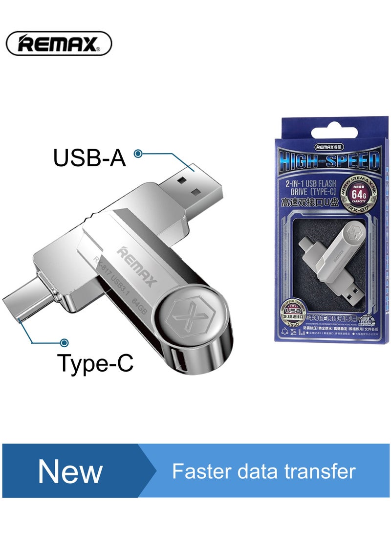 REMAX - RX-817 USB Flash drive, 64GB, 2 in 1, USB A and Type C connectors, USB 3.1, USB C, Silver - Image 1