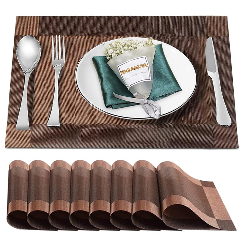 Bxzandya Placemats Set of 8,Washable,Heat and Stain Resistant Indoor/Outdoor Place mats,Vinyl Woven Non Slip Table Mats for Restaurant Table Protection,PVC Placemats(Brown,8PCS) - Image 1