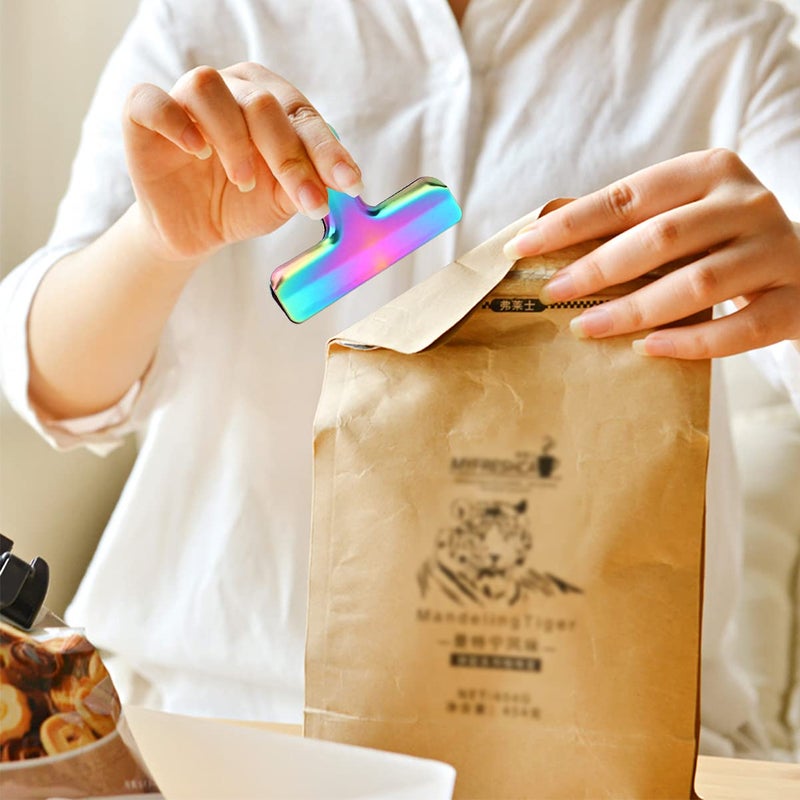 BundlePro Pack of 8 Bag Clips, Stainless Steel and Heavy Duty Metal Bag Clip,Tightly Seals Chip, Coffee, Bread or Cereal Bags to Keep Food Fresh, for Home, Kitchen, Office, Pantry, Camping (Rainbow) - Image 4