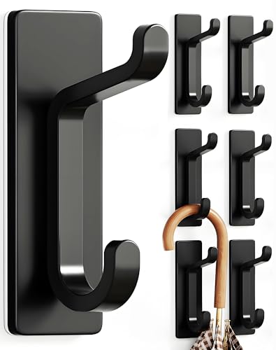 pickpiff Wall Hooks for Coat and Towel: 13LB Adhesive Door Hanger Stick on, Black 6 Pack - Image 1