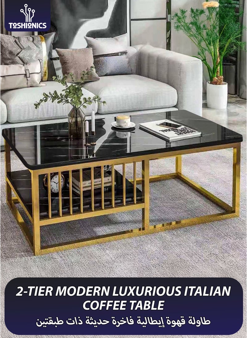 توشيونيكس طاولة قهوة مستطيلة من الرخام الصناعي بطبقتين، إطار ذهبي، تخزين لغرفة المعيشة أو المكتب أو غرفة النوم، زوايا مستديرة. - Image 1