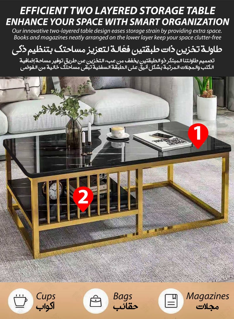 توشيونيكس طاولة قهوة مستطيلة من الرخام الصناعي بطبقتين، إطار ذهبي، تخزين لغرفة المعيشة أو المكتب أو غرفة النوم، زوايا مستديرة. - Image 3