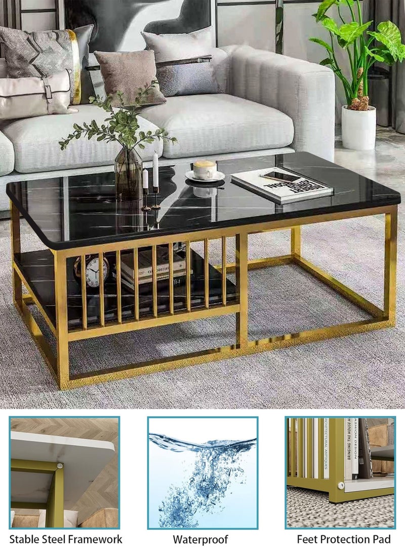 توشيونيكس طاولة قهوة مستطيلة من الرخام الصناعي بطبقتين، إطار ذهبي، تخزين لغرفة المعيشة أو المكتب أو غرفة النوم، زوايا مستديرة. - Image 5