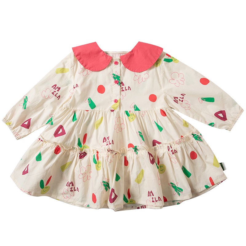 Childrens Spring New Color Printing Doll Collar Long Sleeve dress Small and Medium Girls Casual Skirt Off-white