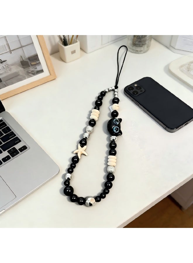 Black Cat & Starfish Beaded Phone Charm Wrist Strap, Anti-lost Handheld Phone Lanyard for Women, Cute Aesthetic Phone Accessory Gift - Image 4