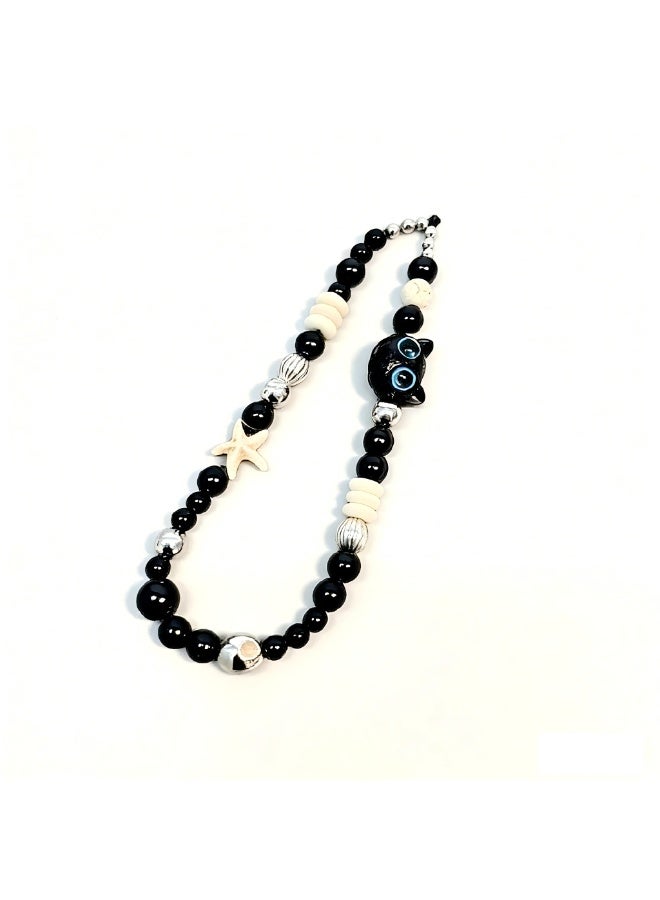 Black Cat & Starfish Beaded Phone Charm Wrist Strap, Anti-lost Handheld Phone Lanyard for Women, Cute Aesthetic Phone Accessory Gift - Image 1