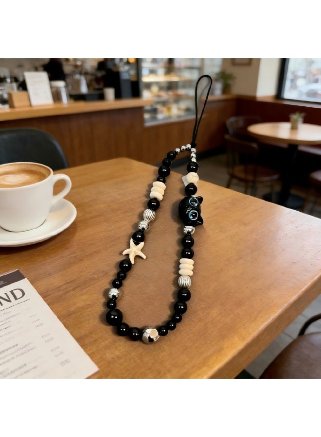 Black Cat & Starfish Beaded Phone Charm Wrist Strap, Anti-lost Handheld Phone Lanyard for Women, Cute Aesthetic Phone Accessory Gift - Image 3