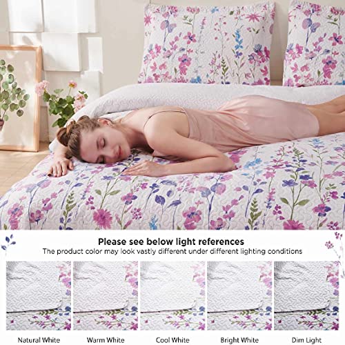 Green Essen Summer Lightweight Thin Floral Quilts Full/Queen Size,Purple Blue Lilac Flowers Green Leaves Botanical Bedspread Coverlet Set,Breathable Bed Cover with Standard Pillow Shams,Random Patterns - Image 4