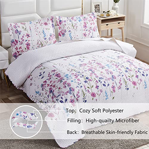 Green Essen Summer Lightweight Thin Floral Quilts Full/Queen Size,Purple Blue Lilac Flowers Green Leaves Botanical Bedspread Coverlet Set,Breathable Bed Cover with Standard Pillow Shams,Random Patterns - Image 3