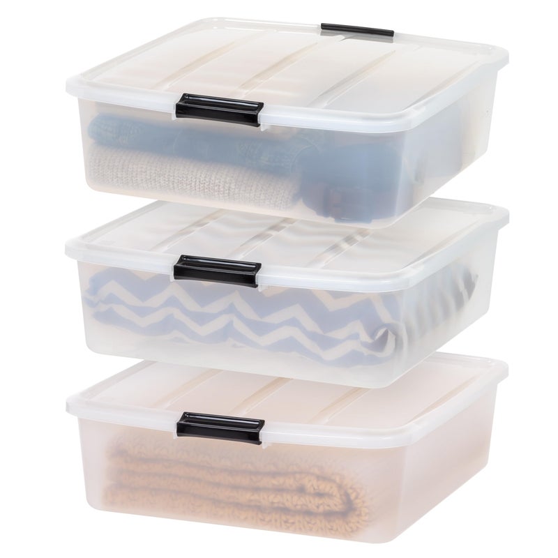 IRIS IRIS USA 33 Qt Plastic Under Bed Storage Organizer Bin Container with Secure Lids and Durable Black Buckles 3Pack MultiPurpose for Clothes Shoes Clothing Bedding Short Clear 