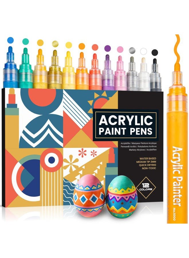 JR.WHITE Acrylic Paint Pens for Rocks Painting, Ceramic, Glass, Wood, Fabric, Canvas, Mugs, DIY Craft Making Supplies, Scrapbooking Craft, Card Making. Acrylic Paint Marker Pens Set of 12 Colors - Image 1