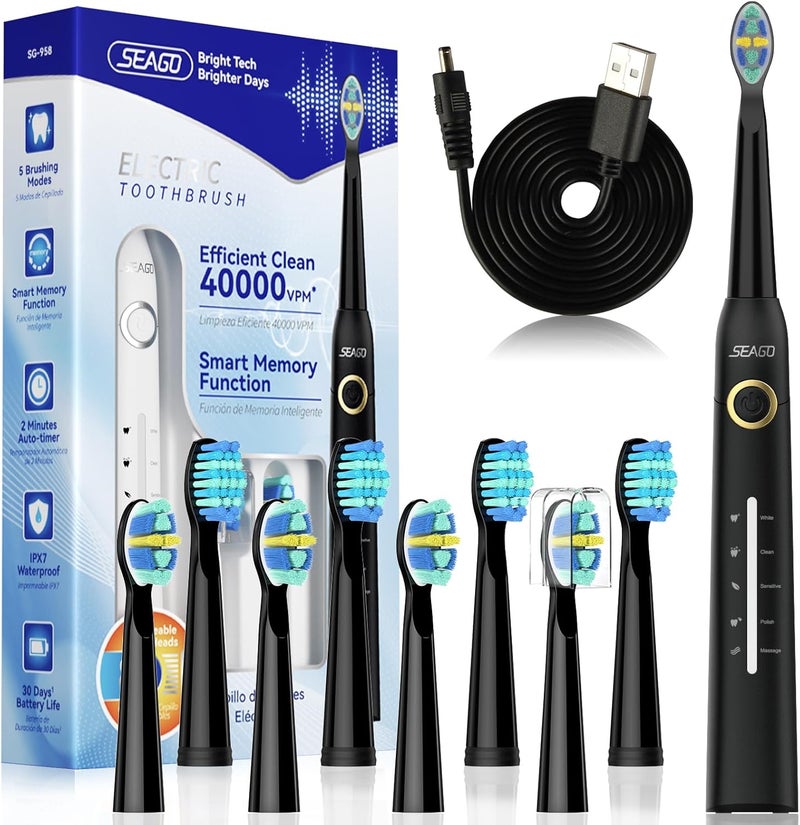 Seago فرشاة أسنان كهربائية قابلة لإعادة الشحن من سيغو للبالغين لأسنان حساسة 8 رؤوس فرشاة 5 أوضاع مع تبييض الأسنان تحمل 30 يومًا فرشاة أسنان كهربائية للأطفال 612 SG958أسود - Image 1