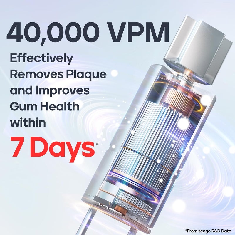 Seago فرشاة أسنان كهربائية قابلة لإعادة الشحن من سيغو للبالغين لأسنان حساسة 8 رؤوس فرشاة 5 أوضاع مع تبييض الأسنان تحمل 30 يومًا فرشاة أسنان كهربائية للأطفال 612 SG958أسود - Image 2