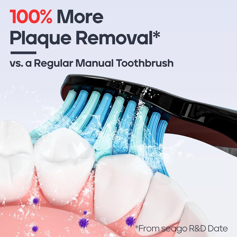 Seago فرشاة أسنان كهربائية قابلة لإعادة الشحن من سيغو للبالغين لأسنان حساسة 8 رؤوس فرشاة 5 أوضاع مع تبييض الأسنان تحمل 30 يومًا فرشاة أسنان كهربائية للأطفال 612 SG958أسود - Image 3