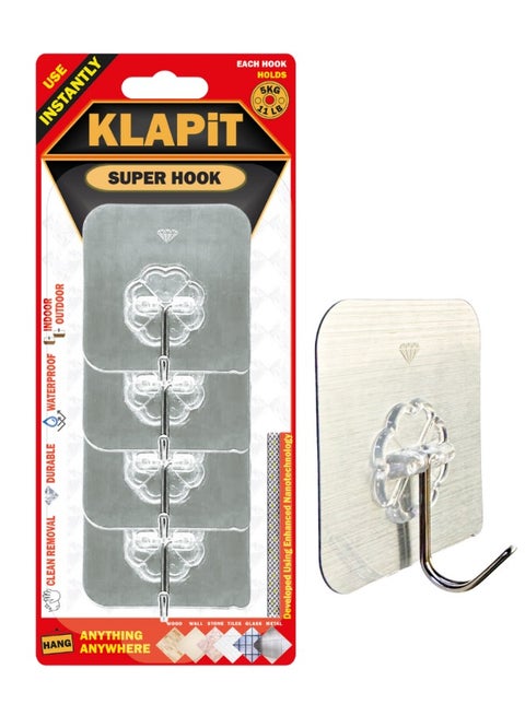 SUPER HOOK - Heavy Duty Adhesive Wall Hooks, Silver, 4pc - Holds Up To 5Kg - Waterproof, Damage-Free Removal