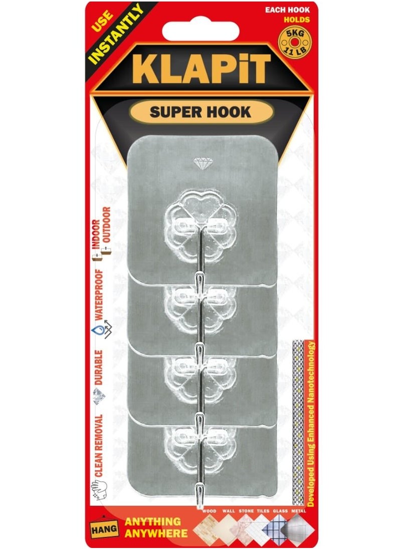 KLAPiT KLAPiT SUPER HOOK - Heavy Duty Adhesive Wall Hooks, Silver, 4pc - Holds Up To 5Kg - Waterproof, Damage-Free Removal  - Image 1