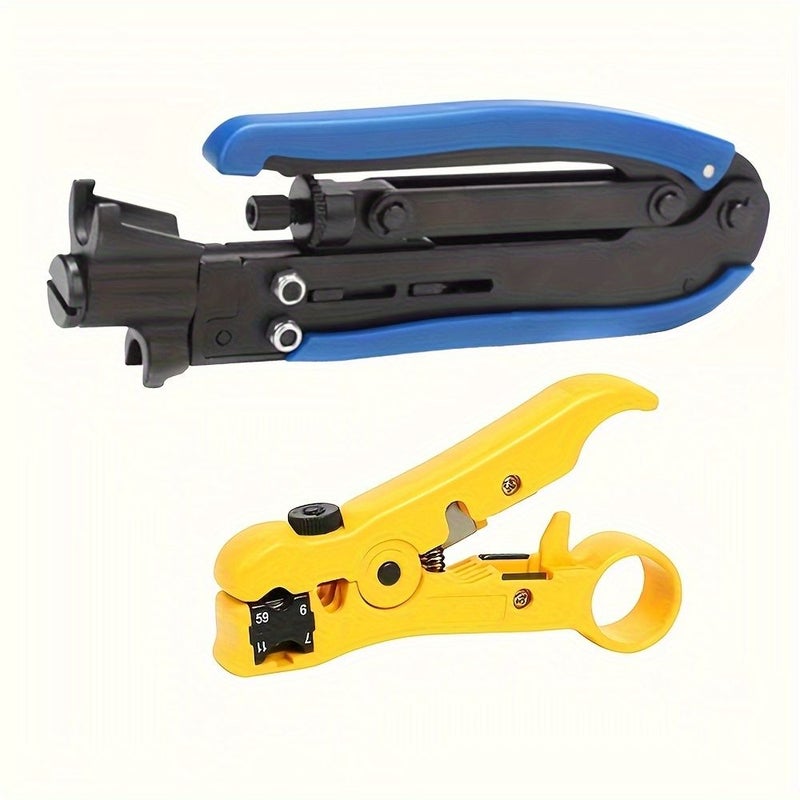 Aokin Coaxial Compression Tool And Cable Stripper Kit With Adjustable RG6 RG59 RG11 Coax Cable Crimper Set B - Image 1