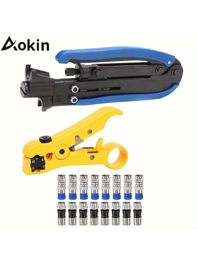 Aokin Coaxial Compression Tool And Cable Stripper Kit With Adjustable RG6 RG59 RG11 Coax Cable Crimper Set B - Image 2