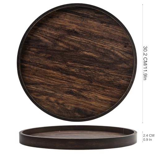 VERGOODR Rustic Round Wood Decorative Coffee Table Tray Farmhouse Decor with Wood Texture Boho Ottoman Serving Tray for Kitchen Counter Home (Dark Brown) - Image 3