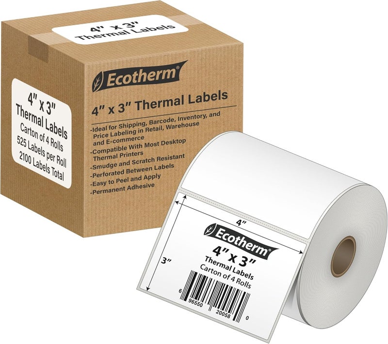 Ecotherm 4" x 3" Thermal Labels | 4 Rolls | 2100 Labels | fits Zebra, Munbyn, Rollo, Godex, Arkscan, iDPRT, Offnova Thermal Label Printers and More | Blank White Adhesive Stickers by - Image 1