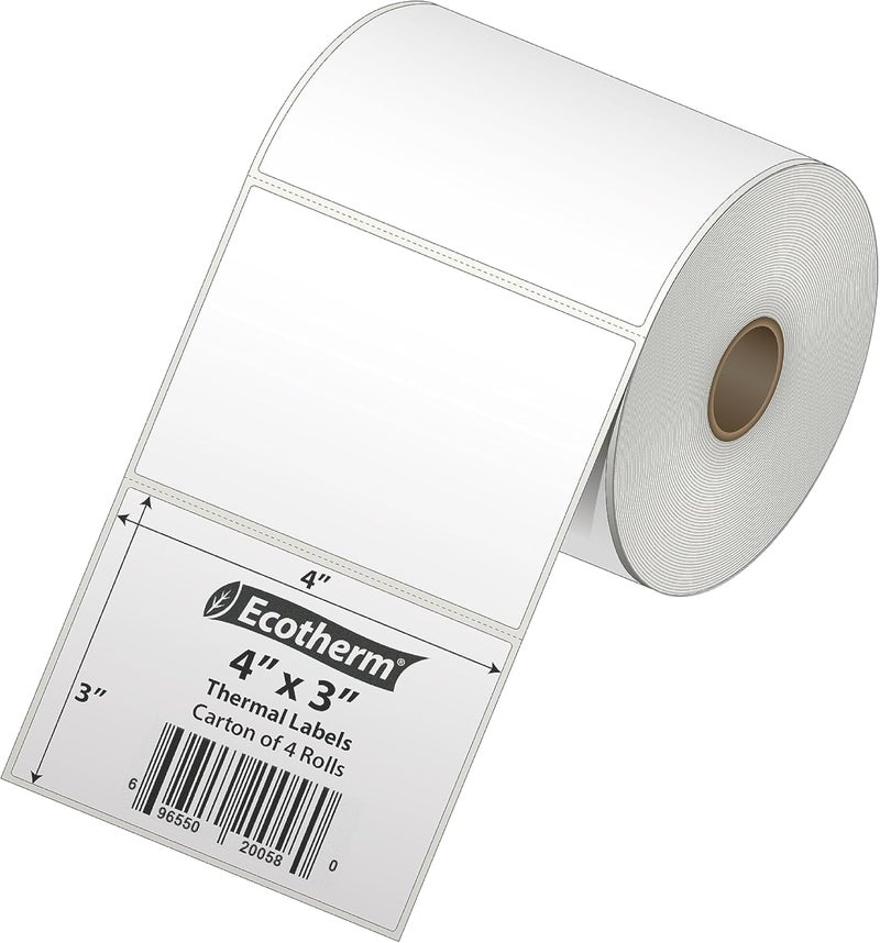 Ecotherm 4" x 3" Thermal Labels | 4 Rolls | 2100 Labels | fits Zebra, Munbyn, Rollo, Godex, Arkscan, iDPRT, Offnova Thermal Label Printers and More | Blank White Adhesive Stickers by - Image 2