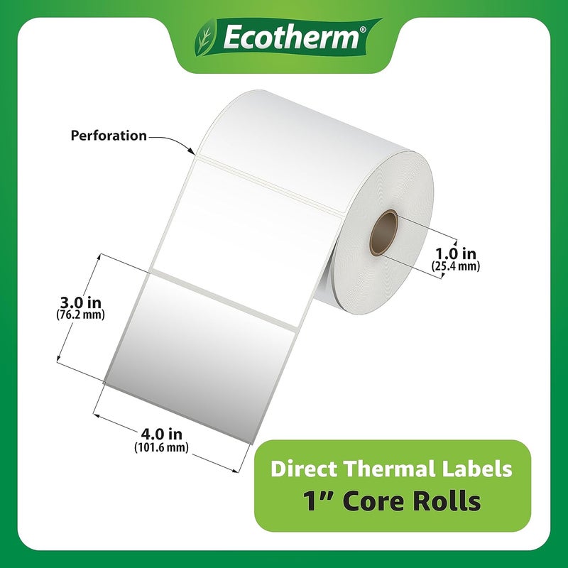 Ecotherm 4" x 3" Thermal Labels | 4 Rolls | 2100 Labels | fits Zebra, Munbyn, Rollo, Godex, Arkscan, iDPRT, Offnova Thermal Label Printers and More | Blank White Adhesive Stickers by - Image 3