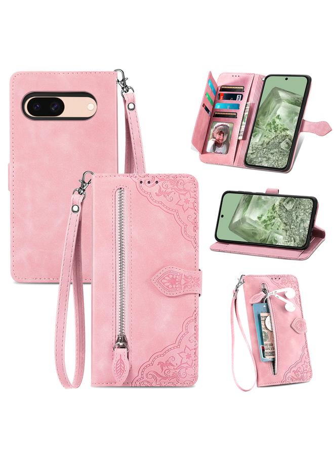 Zaboon Case For Google Pixel 7 Embossed Flower Zipper Leather Phone Case - Image 1
