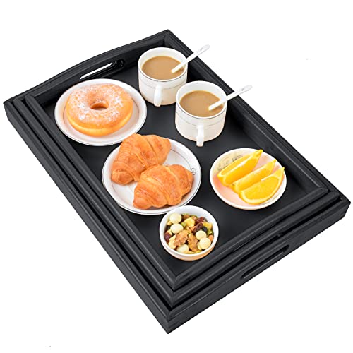 AKKAJJ 3 Pack Bamboo Serving Trays with Handles, Rectangular Kitchen Food Tray for Eating, Dinner Trays for Eating on Couch, Wood Serving Platter for Breakfast, Tea, Bar, Restaurant, Party or Bed (Black) - Image 2